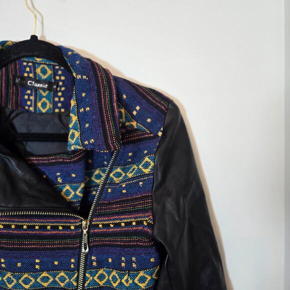 Women's Aztec Moto Jacket Size Medium Zip Up Faux Leather Tapestry Bomber Black - Picture 4 of 9